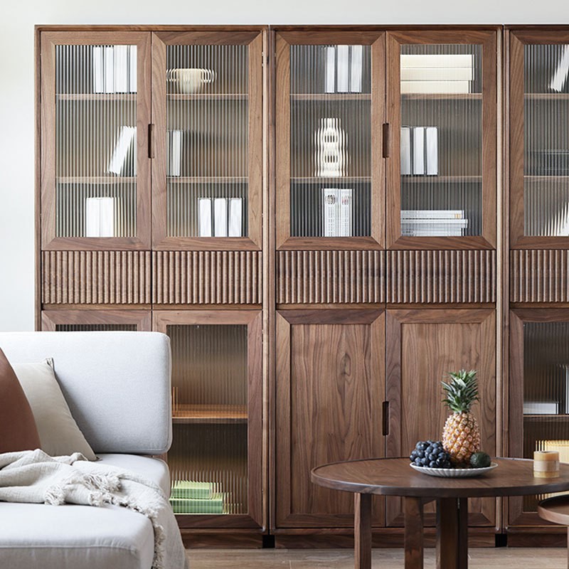 北美黑胡桃木全实木书柜一体靠墙组合北欧现代简约式满墙落地书架