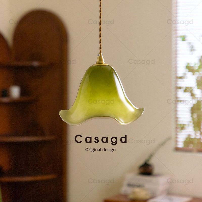 绿色复古床头吊灯渐变绿玻璃小吊灯裙摆设计餐厅氛围玄关灯casagd