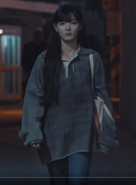 亲爱的X同款白雅珍金裕贞破洞翻领灰色毛衣针织衫中长款上衣宽松