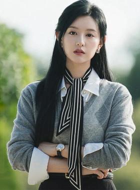 眼泪女王同款金智媛菱格子V领灰色毛衣针织衫羊毛上衣宽松春秋新