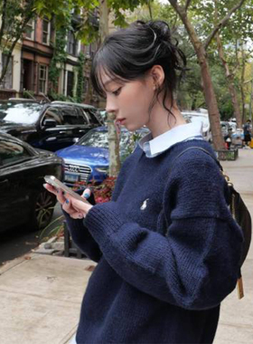 韩国明星金玟庭同款衣服圆领深蓝色毛衣针织衫宽松上衣春秋冬新款