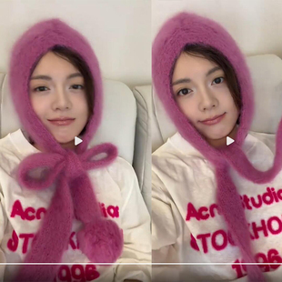 骄阳似我同款赵今麦聂曦光玫紫色毛衣帽子系绑针织围巾一体拉法帽