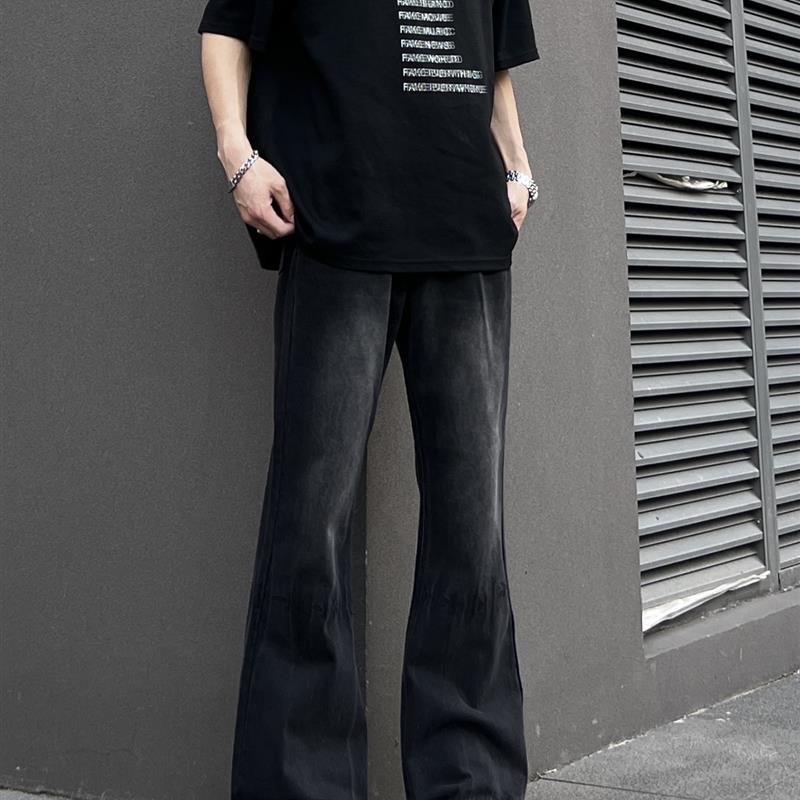 COCKTAIL水洗微喇叭牛仔裤男潮牌破坏vintage黑色直筒长裤