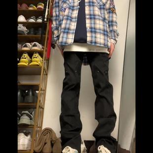 情侣款 百搭显瘦柳钉长裤 ins 2023AW国潮原创微喇叭黑色休闲裤 F383