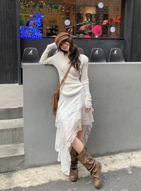 夏蓝汐雨SMBL RAIN白色设计感斜边蕾丝花边高腰显瘦半身裙长裙女