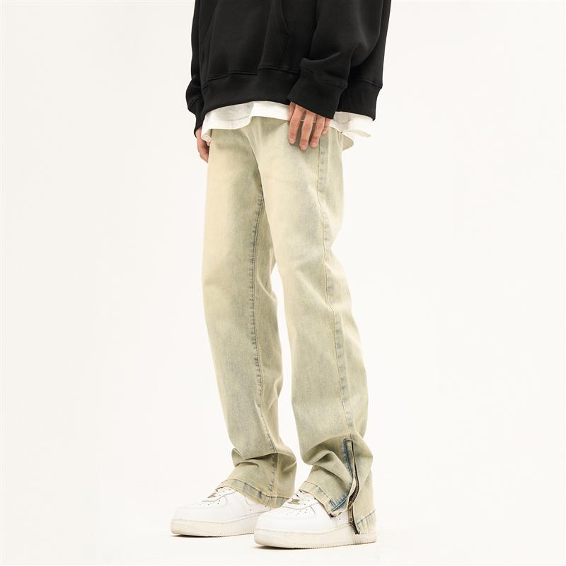 FLY OFF 高街侧边拉链黄泥染牛仔裤美式潮牌修身显瘦直筒休闲裤子