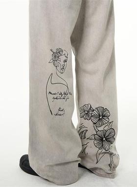 MADWITCH原创新款复古手绘涂鸦微喇牛仔裤男美式vibe高街做旧裤子