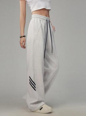 CaptainBeer美式复古条纹灰色卫裤女宽松直筒垂坠感休闲运动裤子