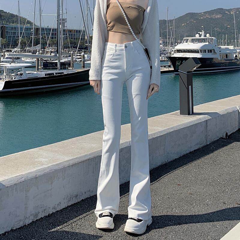 漫雀度白色微喇叭牛仔裤女春秋2024年新款高腰直筒阔腿拖地长裤子