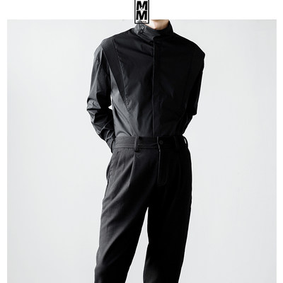 MM原创设计无性别穿搭高级感立领衬衫男长袖黑色极简主义衬衣上衣
