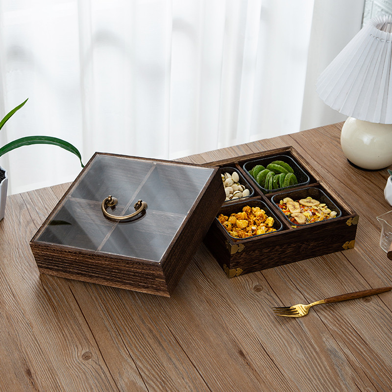 干果盒带盖实木质中式防尘茶几桌面收纳盒家用简约分隔零食茶点盒