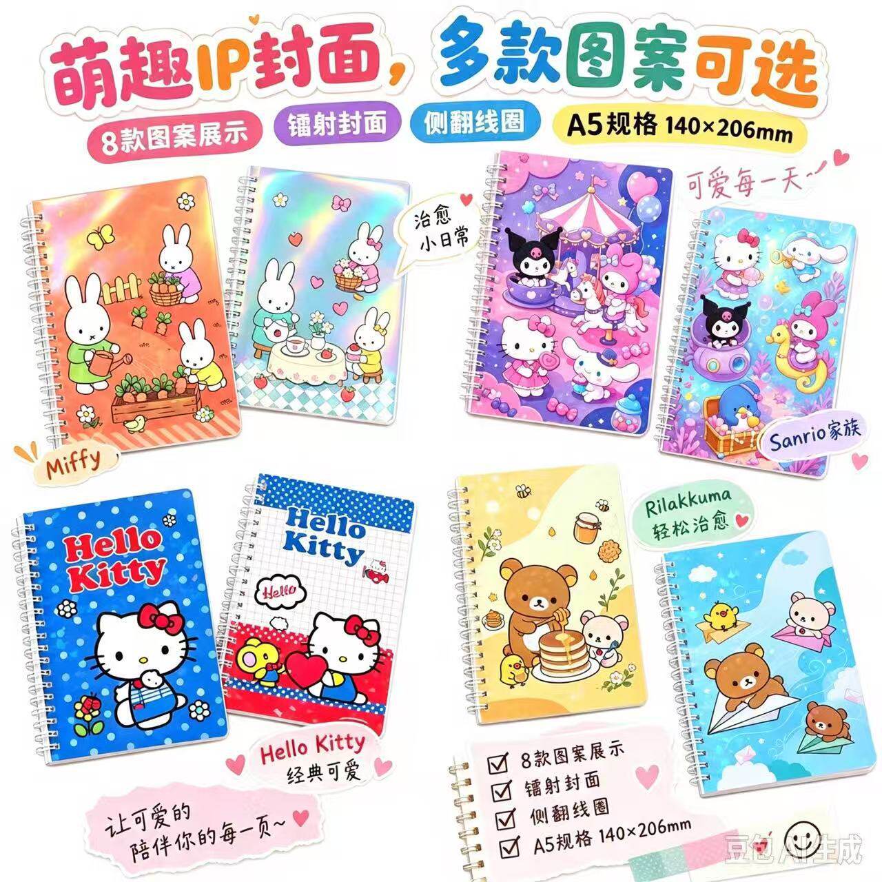 米菲兔A5线圈本可爱萌宠猫咪镭射笔记本学生手帐日记本横线记事本