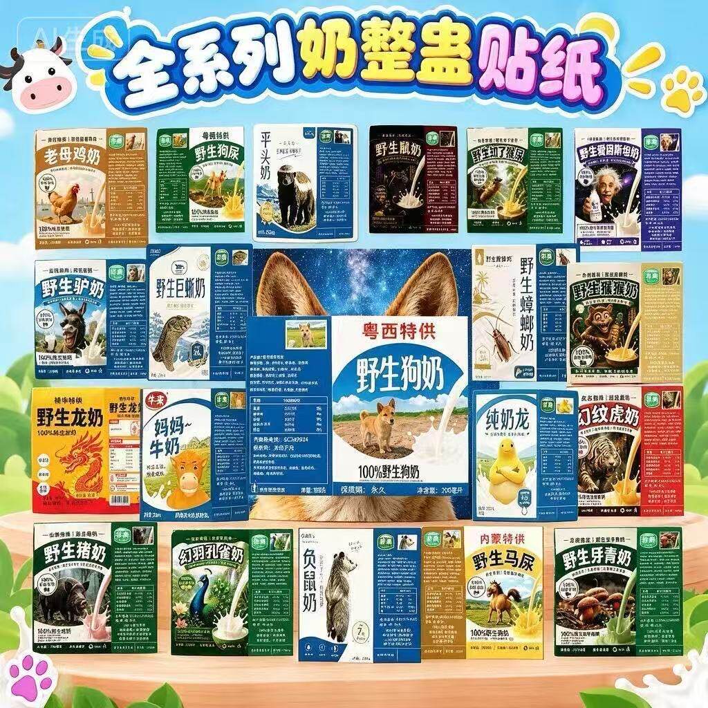 多款20狗奶贴纸不干胶创意恶搞牛奶贴纸免裁剪多款式热门爆款贴纸