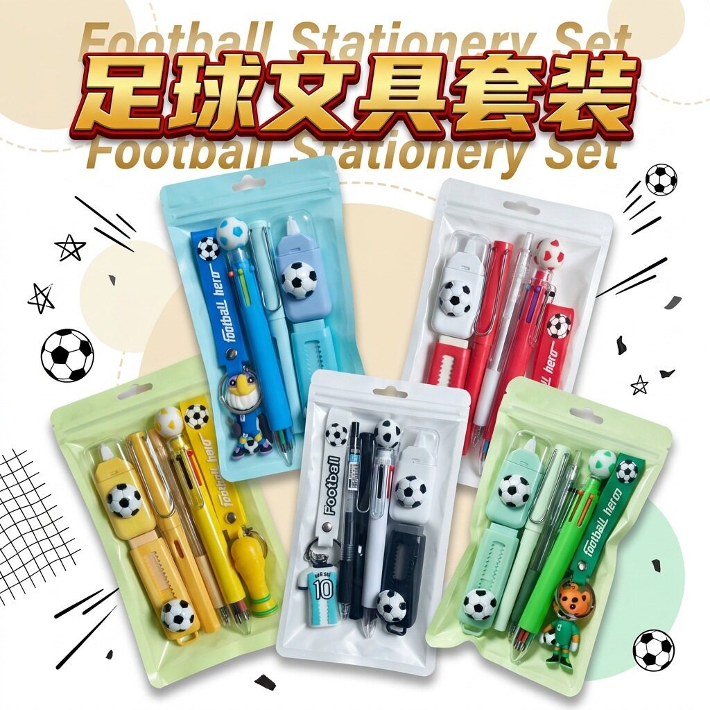 新款创意足球文具套装伸缩橡皮运动风按动笔修正带公仔钥匙扣组合
