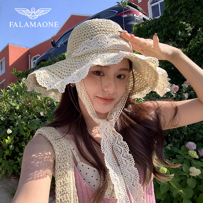 法莱阿玛尼夏季防晒蕾丝草帽女款