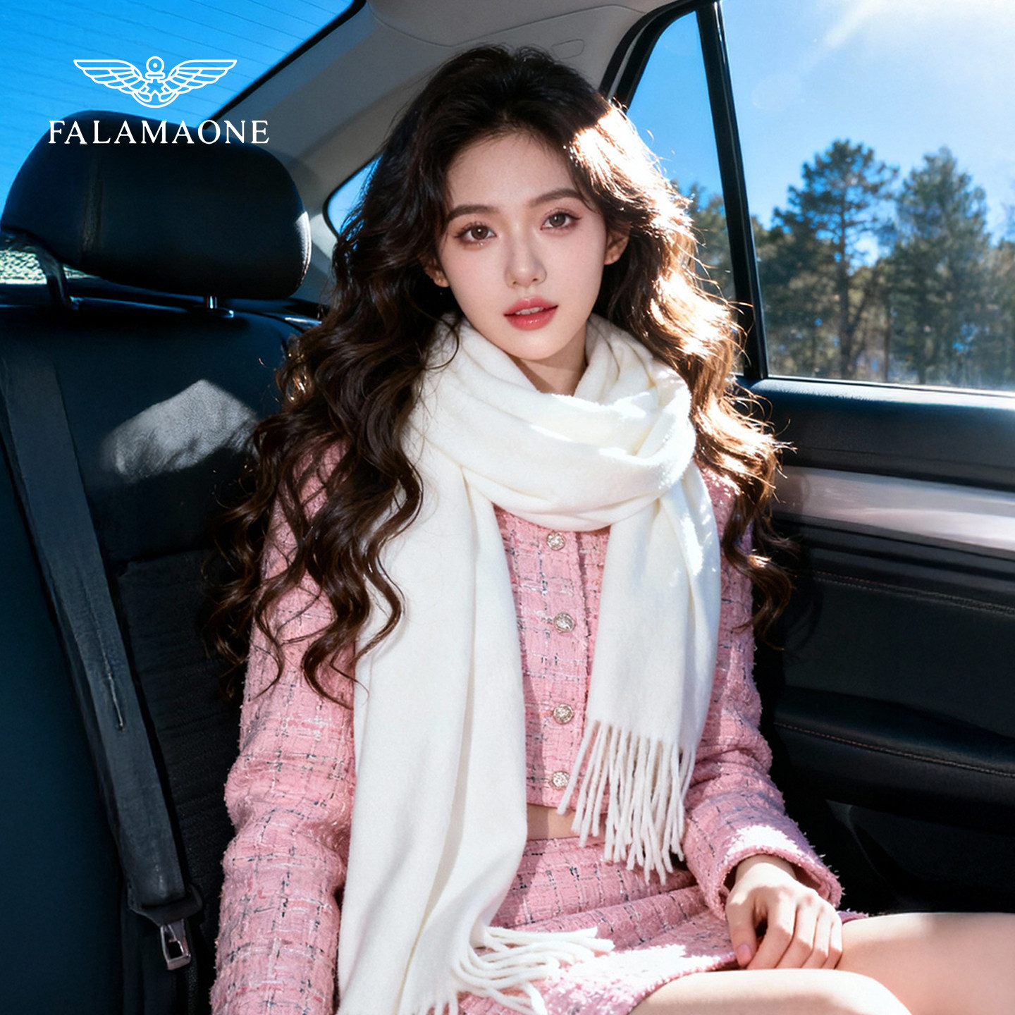 法莱阿玛尼白色羊绒围巾冬季女款