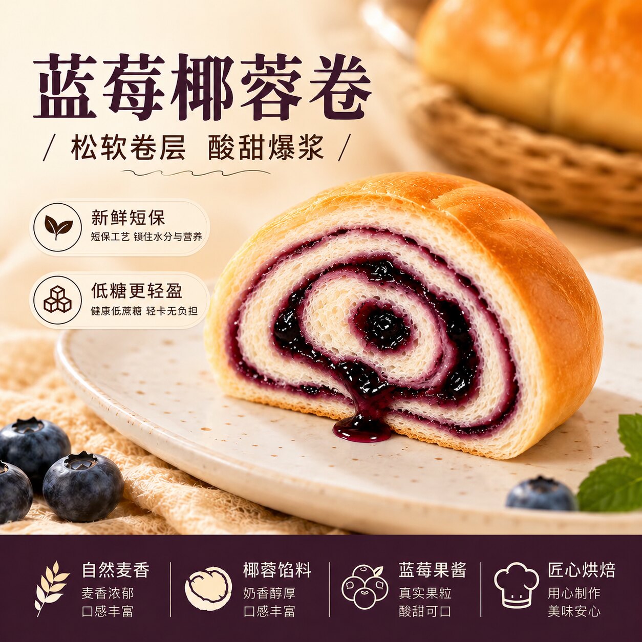 左烘右焙蓝莓椰蓉卷面包夹心果酱吐司早代餐下午茶糕点心休闲零食图片