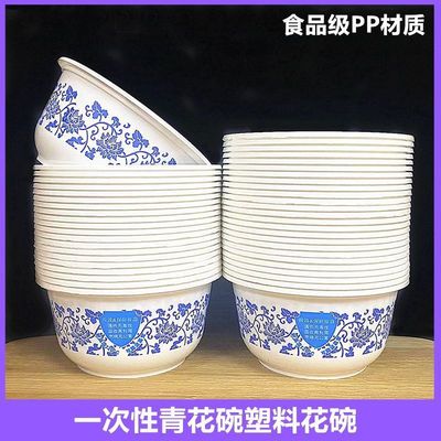 新年聚餐一次性青花瓷家用野餐加厚塑料套装饭碗打包食品级耐高温