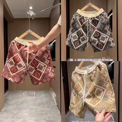 民族时尚新款薄款短裤提花休闲夏季五分裤宽松百搭男士沙滩裤裤子