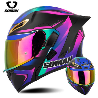 新3c SOMAN摩托车揭面盔骑行赛车双镜片头盔男女安全防护盔