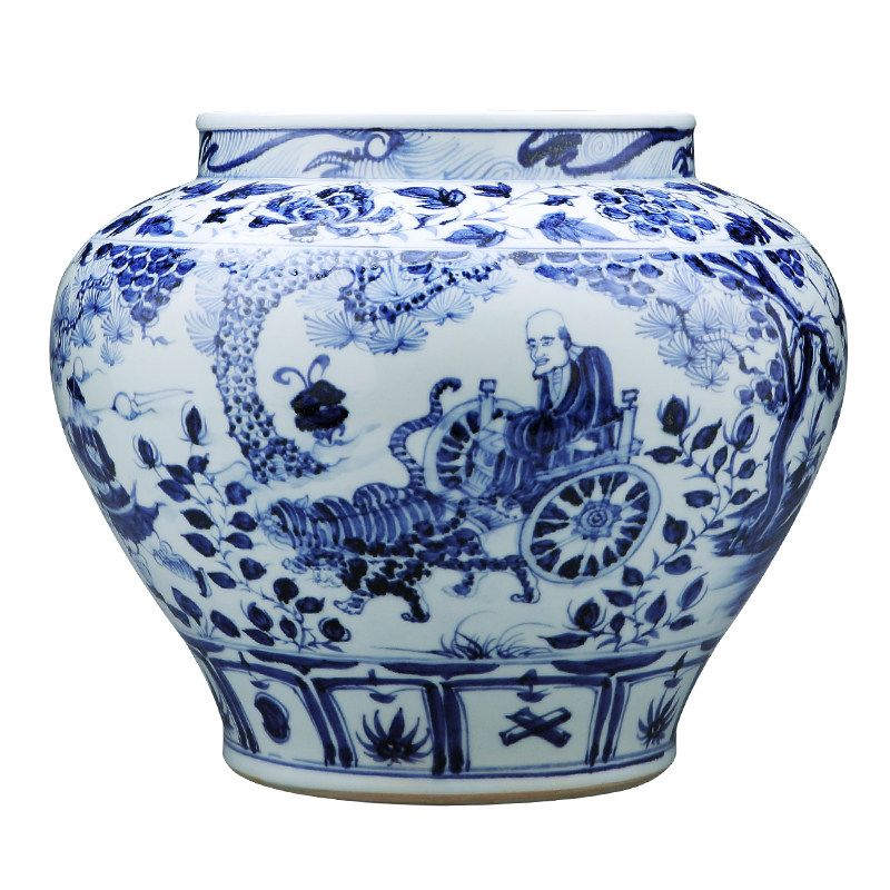 景德镇陶瓷器花瓶摆件中r式家居装饰品手绘仿古元青花鬼谷子下山