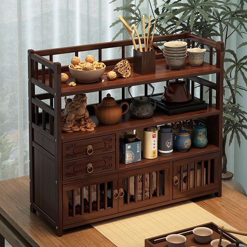 小型桌面博古架简易中式茶杯茶叶置物架中式紫砂壶茶具展示架