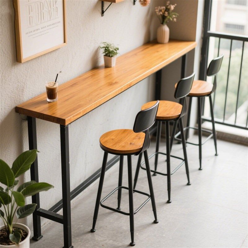 柏知客实木吧台桌椅组合家用靠墙高脚长条桌商用奶茶店咖啡厅酒吧
