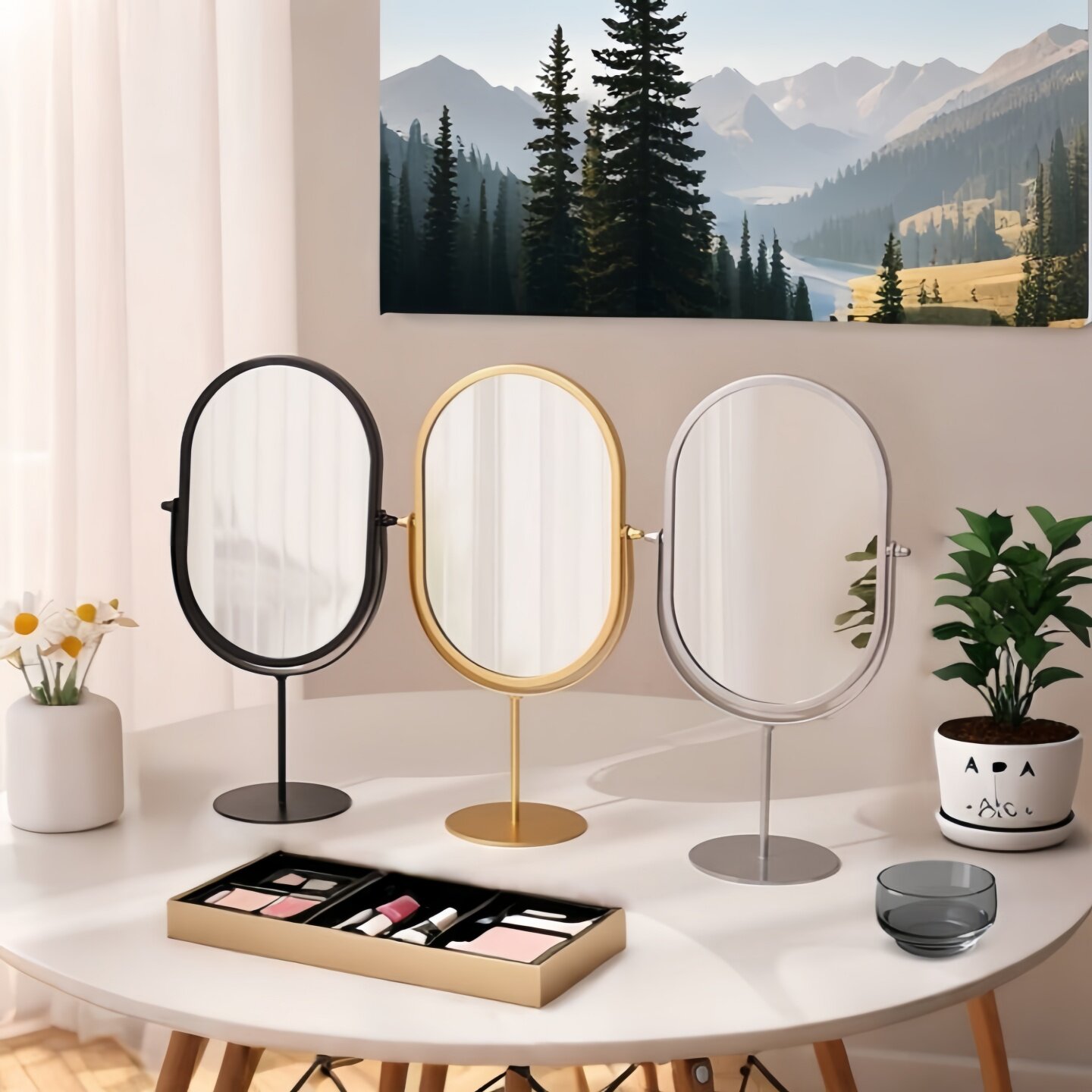 北欧风台式化妆镜椭圆形单面镜高清便携梳妆镜桌面美妆镜可旋转镜