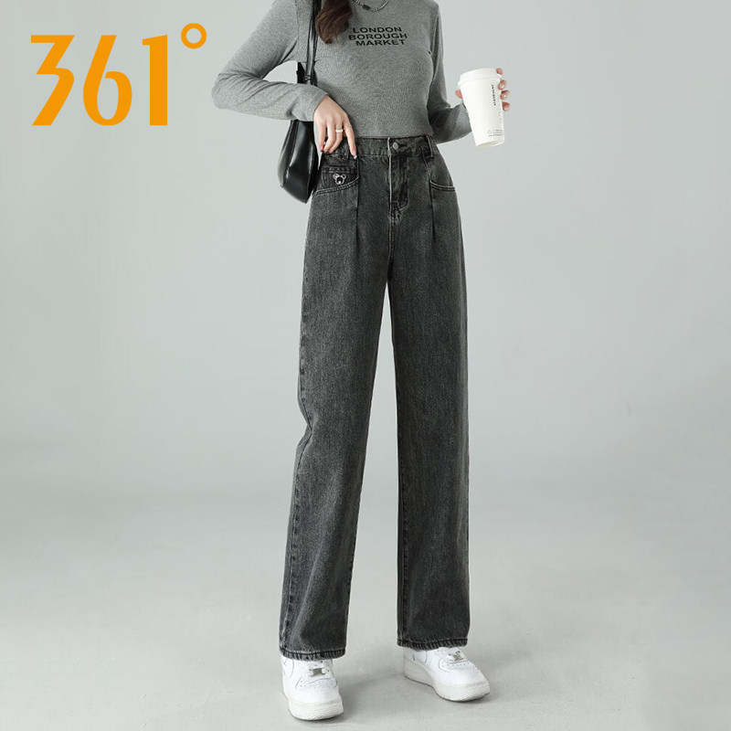 361度复古牛仔裤女运动裤子2026秋季新款宽松阔腿休闲直筒长裤子