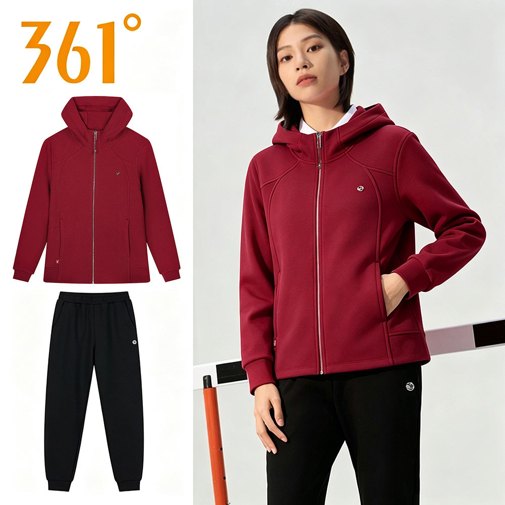 361度红色运动套装女款春秋连帽针织外套束脚长裤两件套运动服女
