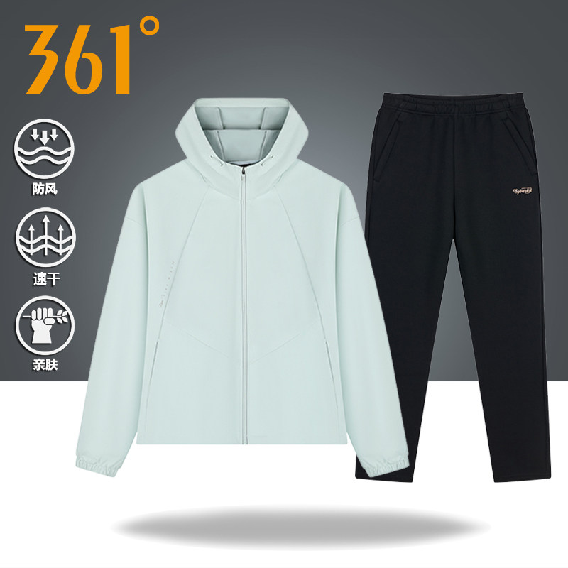 361度运动套装女春秋2026新款梭织连帽风衣外套长裤跑步服套装女