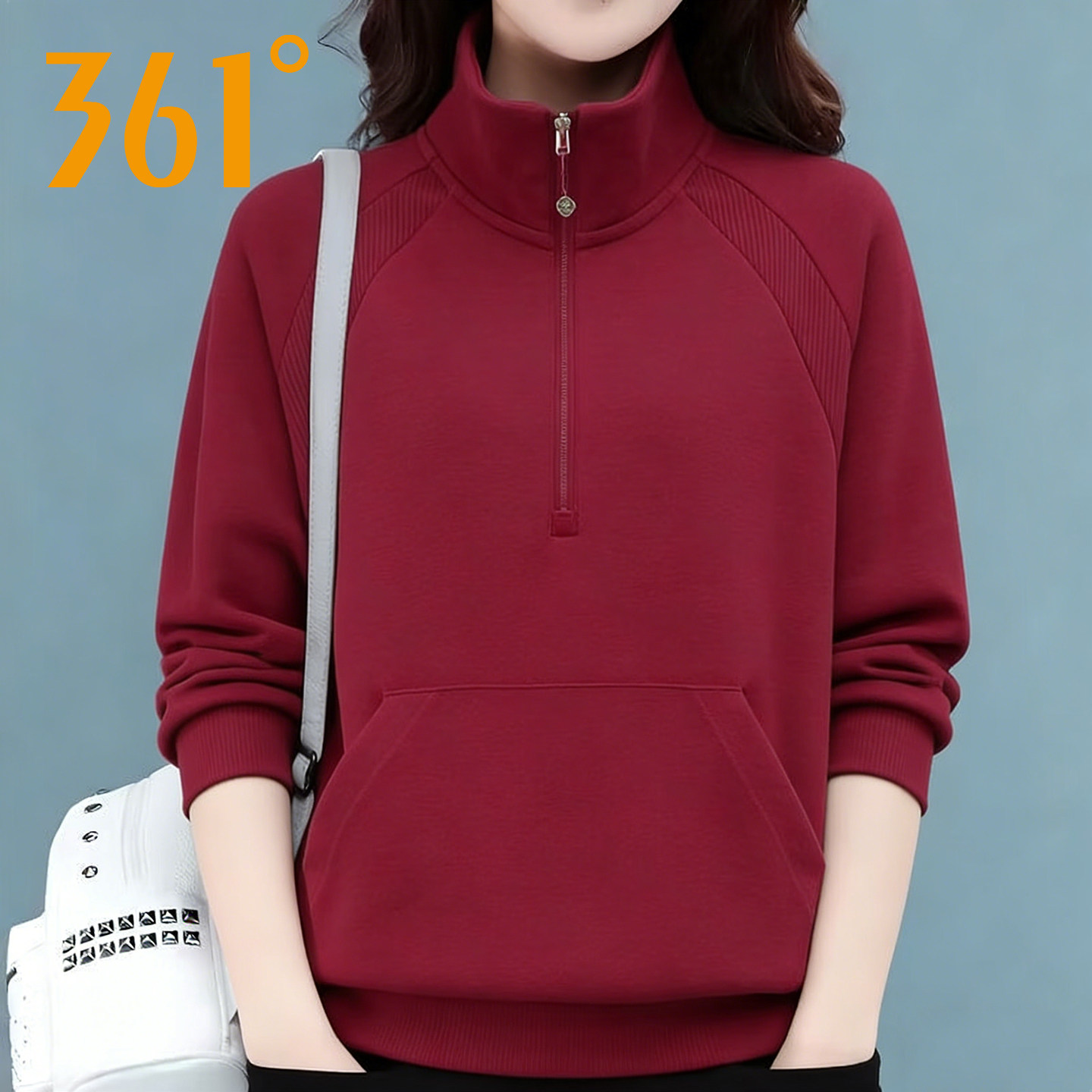361度半拉链卫衣女2026秋季新年款红色休闲套头衫运动长袖上衣女