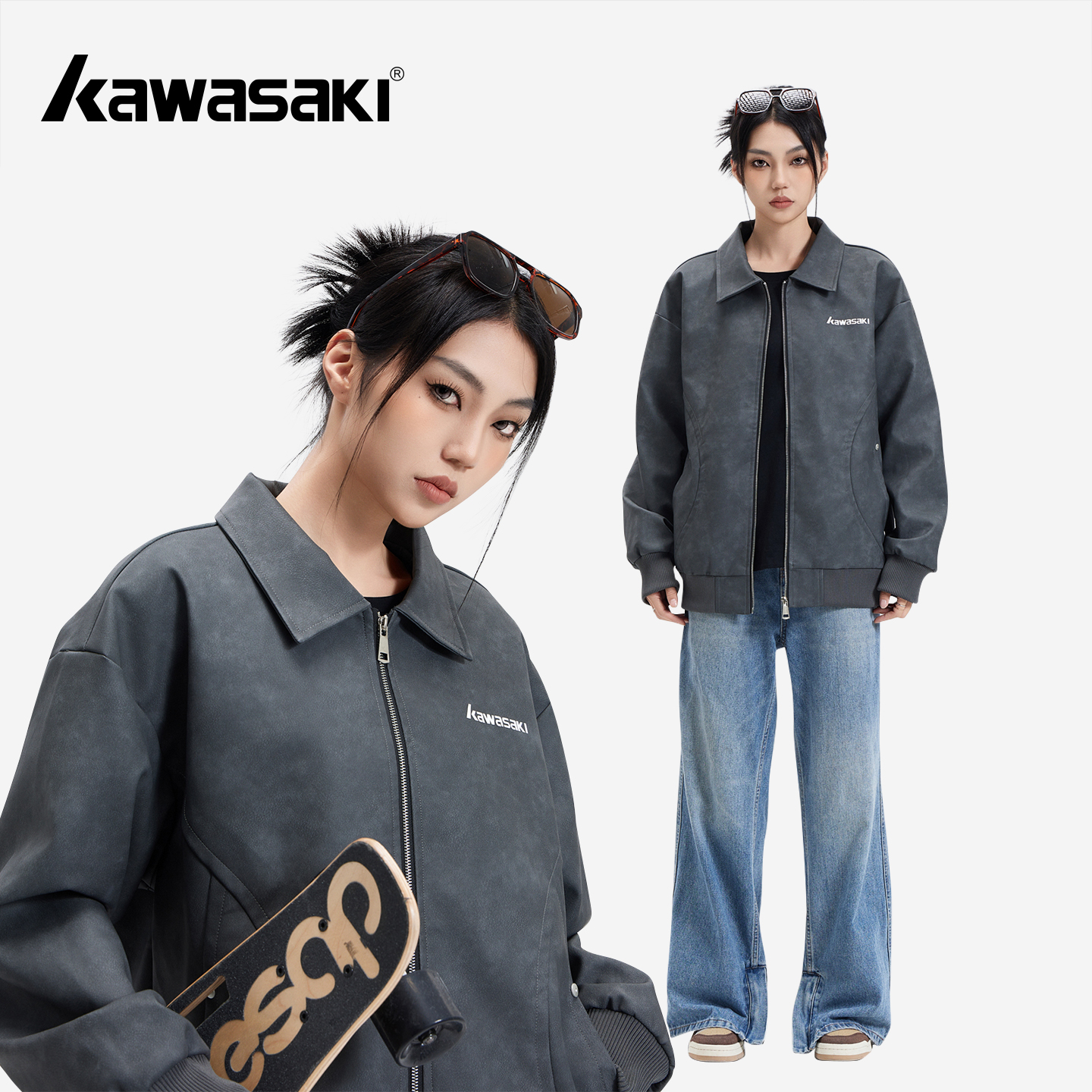 Kawasaki川崎美式复古休闲PU皮衣