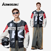 Kawasaki川崎90绒万针刺绣美式 复古机车风撞色保暖PU皮翻领羽绒服