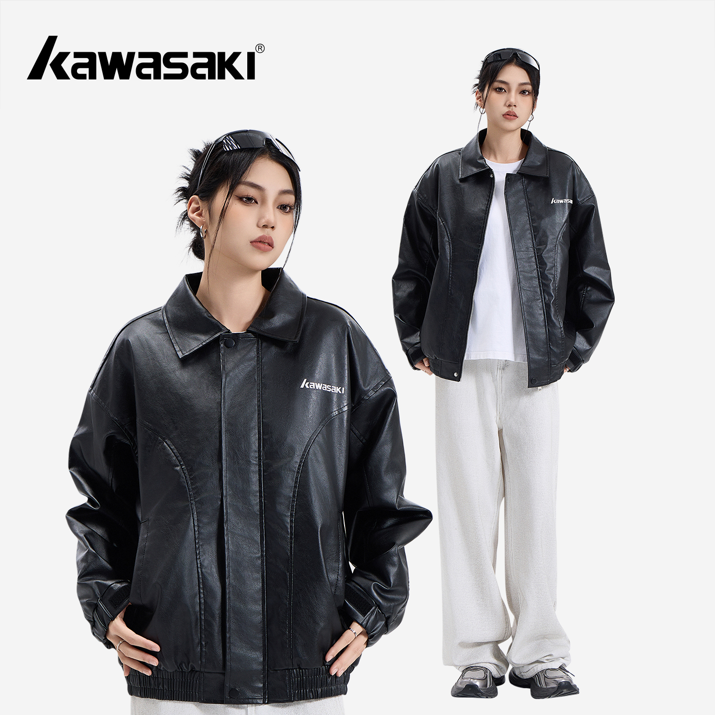 Kawasaki川崎美式翻领机车风皮衣