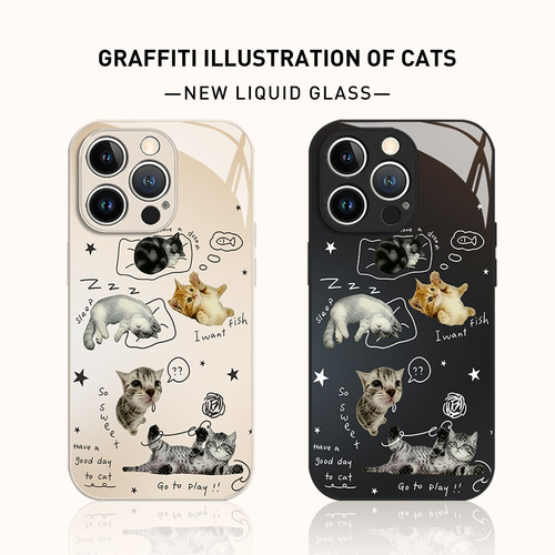 线条插画猫咪手机壳适用苹果系列