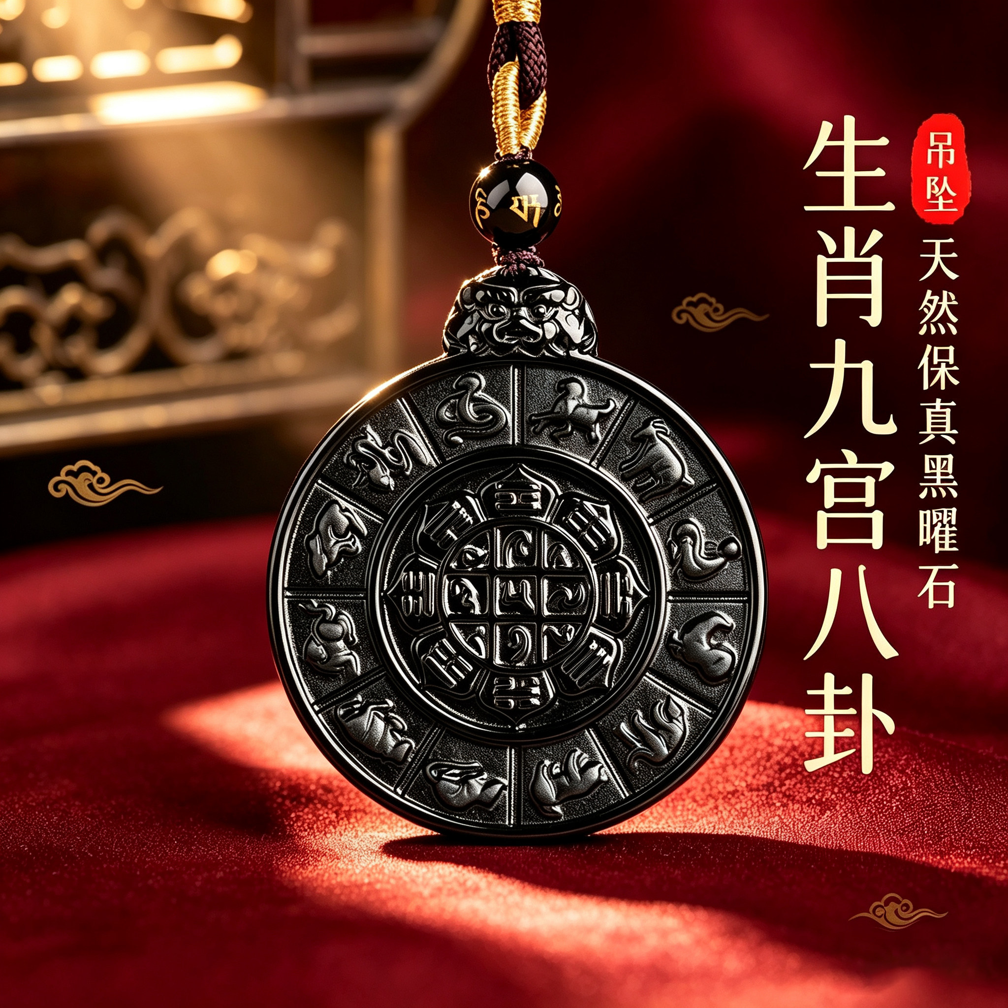 天然黑曜石生肖九宫八卦护身吊坠
