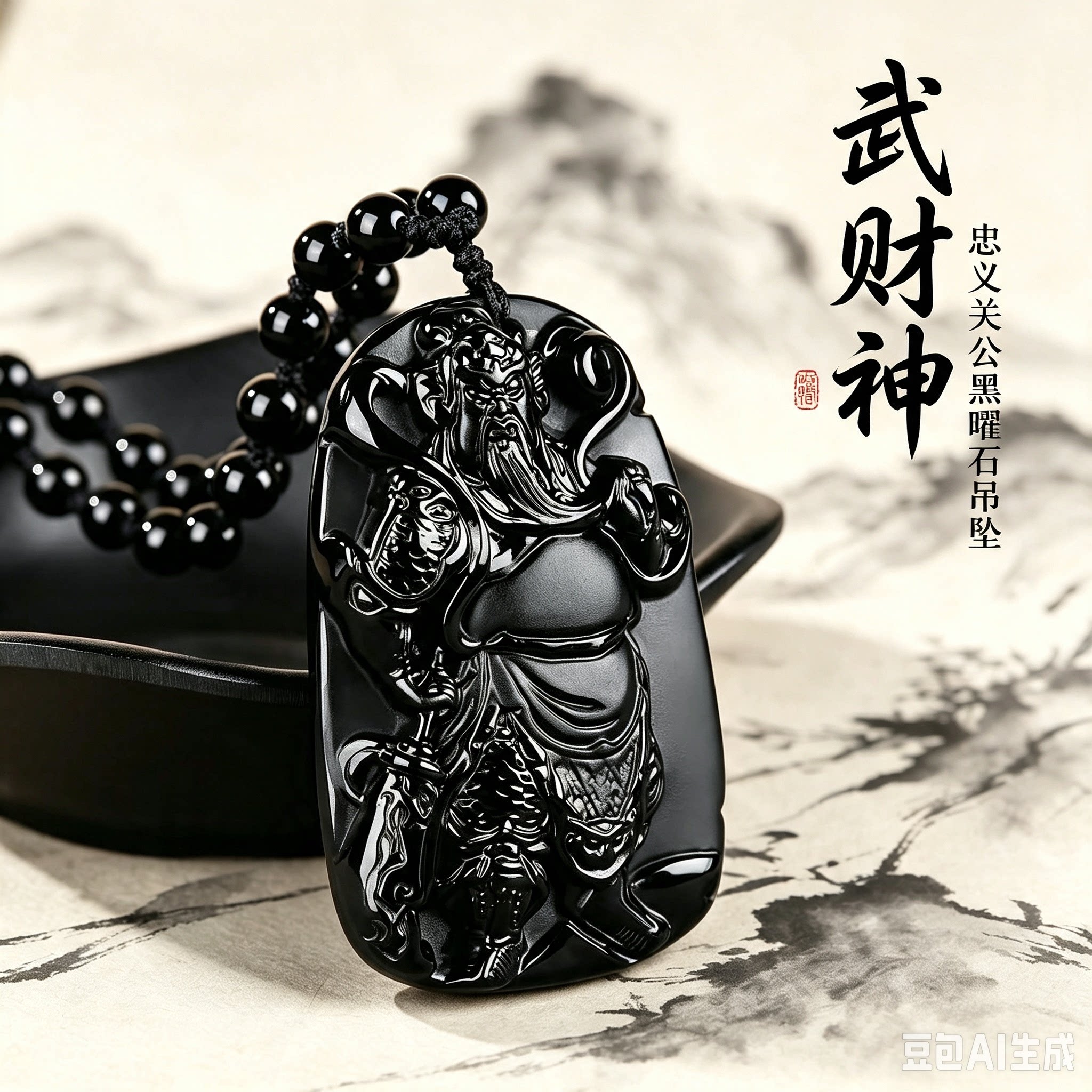 天然黑曜石关公吊坠本命年招财