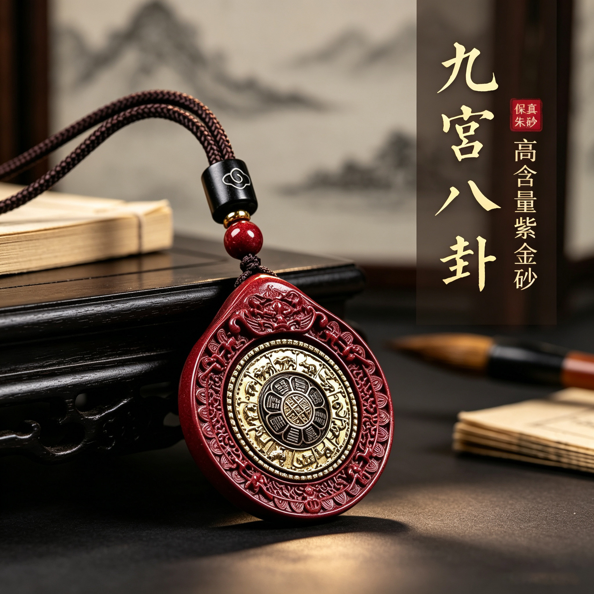 朱砂九宫八卦本命年转运吊坠