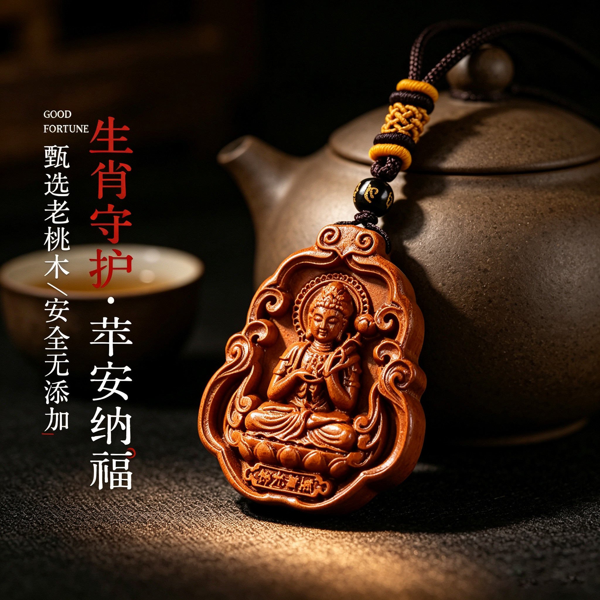 正品天然老桃木本命佛吊坠护身