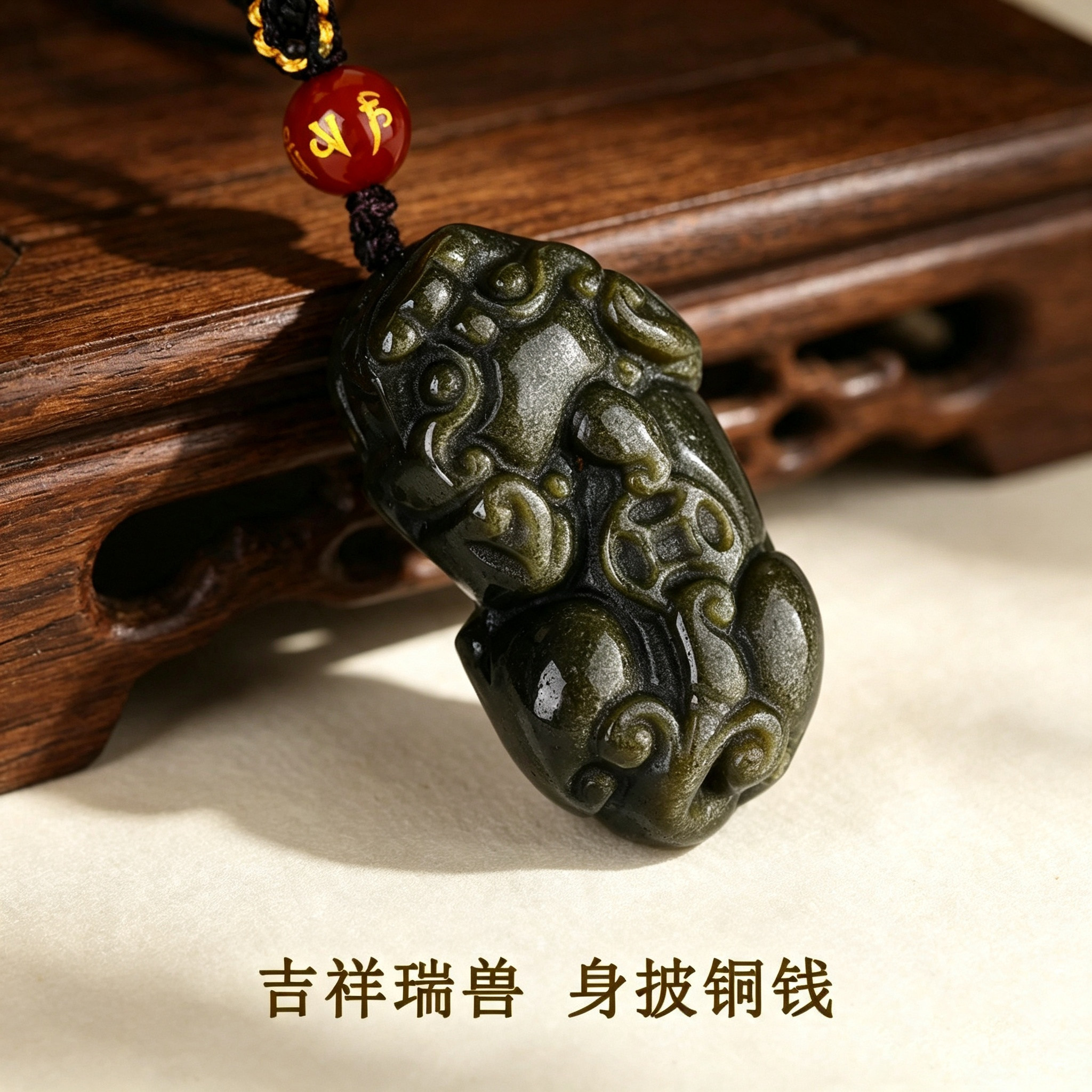 天然黑曜石貔貅招财转运护身符