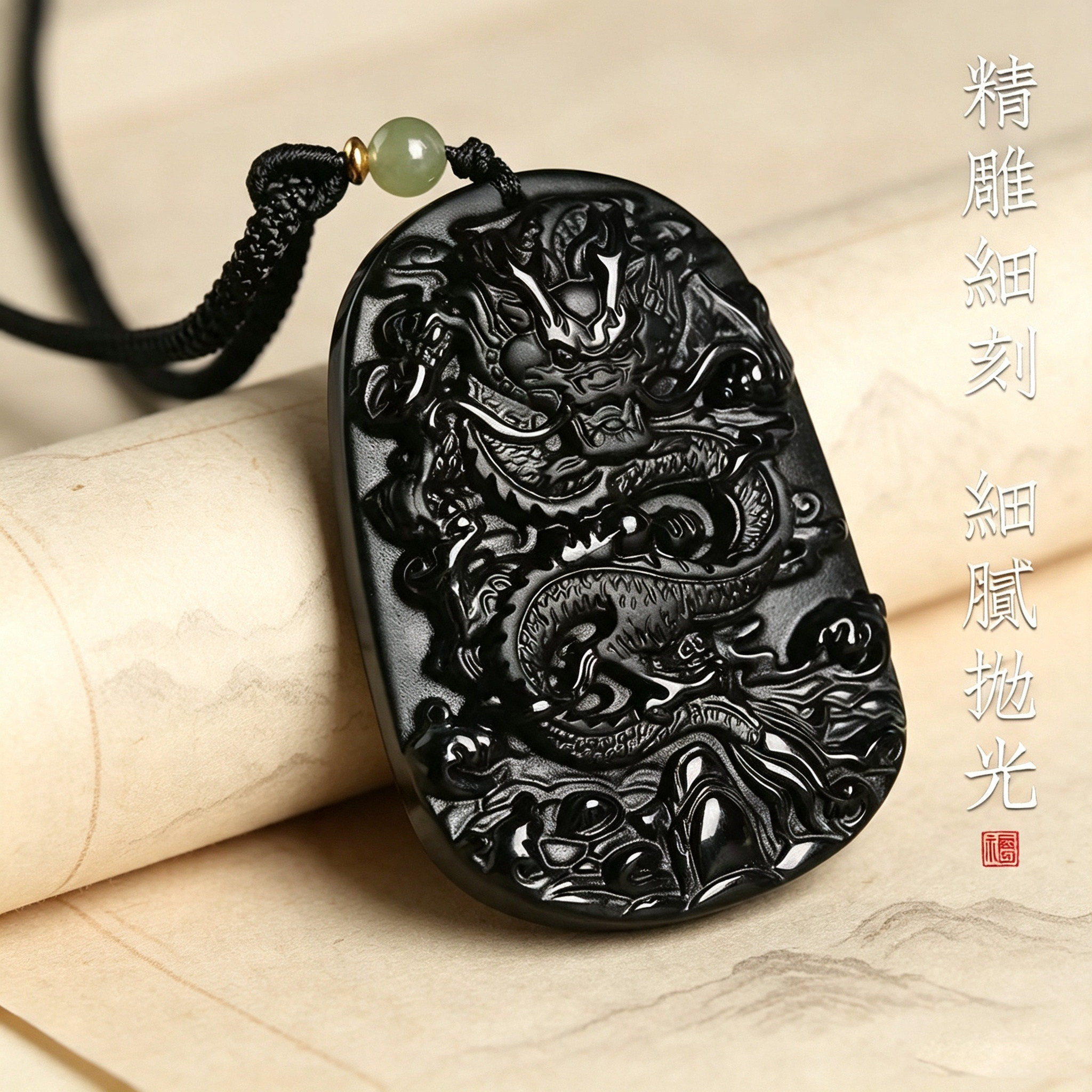 天然黑曜石龙牌男士本命年吊坠