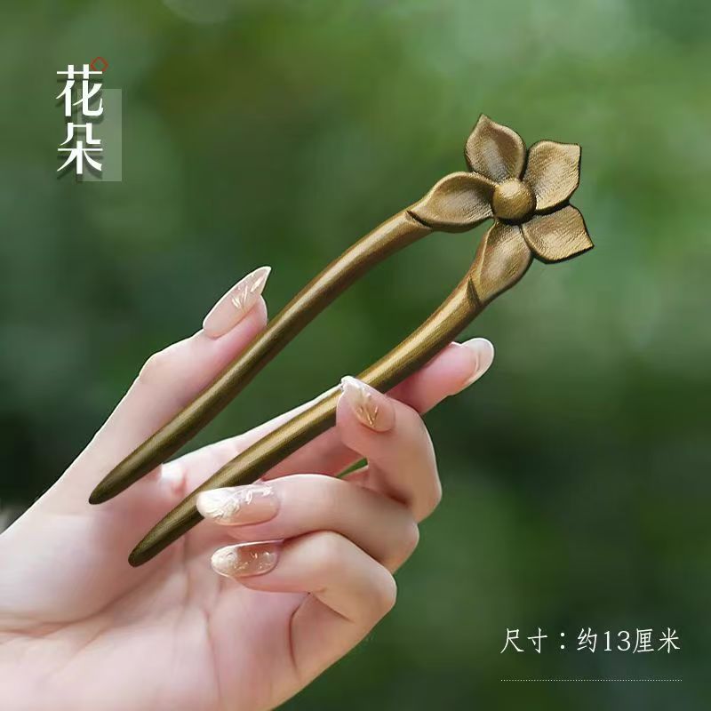 美木兮中式复古檀木发簪女生古风桃木双钗盘头发简约发钗发夹清雅