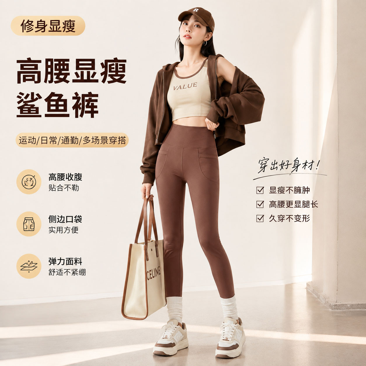 高腰鲨鱼裤女外穿带口袋收腹显瘦健身裤
