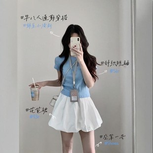 上衣花苞短裙减龄甜美两件套装 夏季 小个子穿搭蓝色短袖 新款 女 时尚