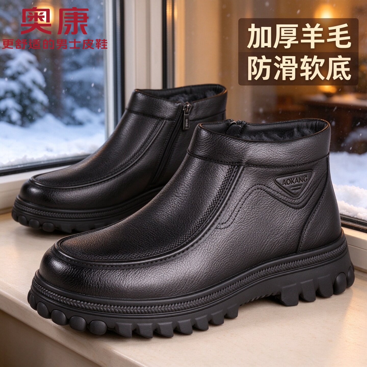 奥康男士真皮加绒防滑棉鞋