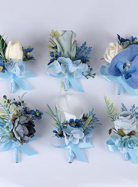 蓝色高级新郎新娘结婚胸花婚礼伴郎马蹄莲蝴蝶兰商务会议嘉宾襟花