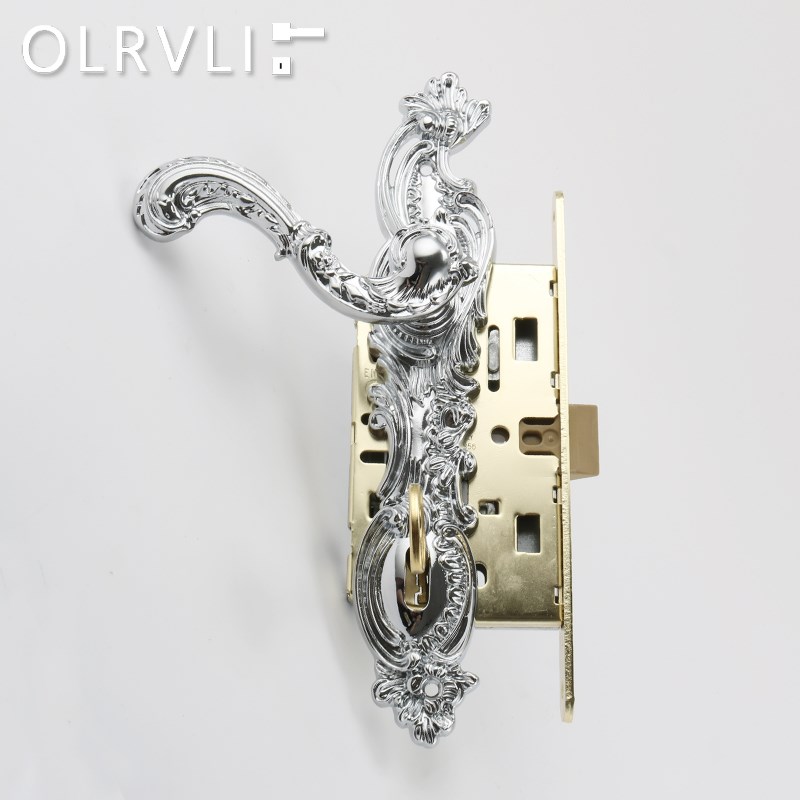 olrvli黄铜复古欧式金色门锁法式古典银色镀铬把手双开门复古钥匙