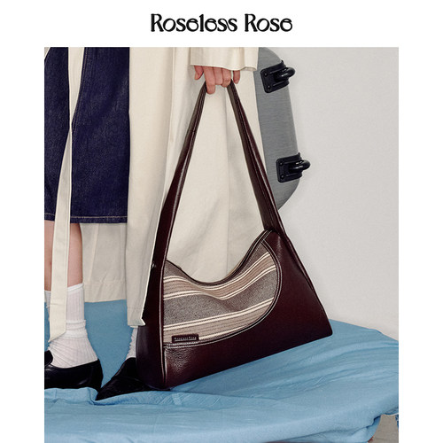 RoselessRose宽肩带大容量单肩包质感拼接通勤腋下包小众设计女包