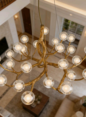 新中式禅意客厅餐厅酒吧店铺民宿茶室简约复古树杈泡泡吊灯原木色